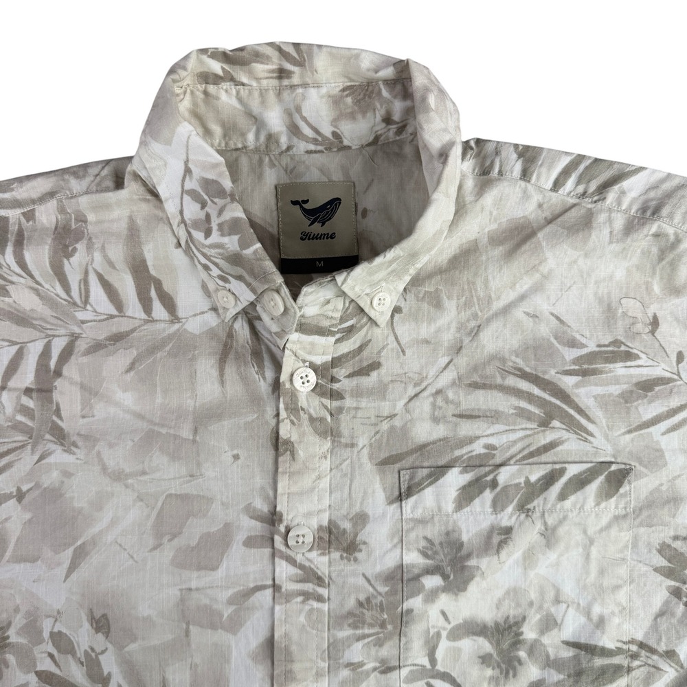 Yiume Button Down Shirt Men Medium Beige Floral‎ Leaf Short Sleeve Cotton 9996